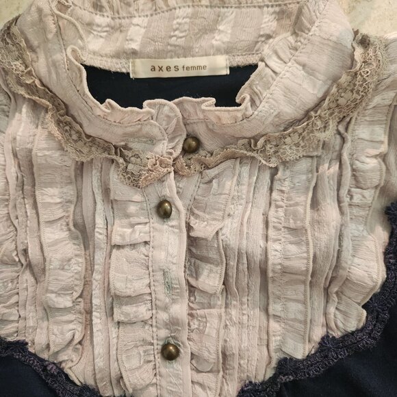 Axes Femme High ruffle collar Navy blue Victorian style shirt size M - Picture 4 of 7